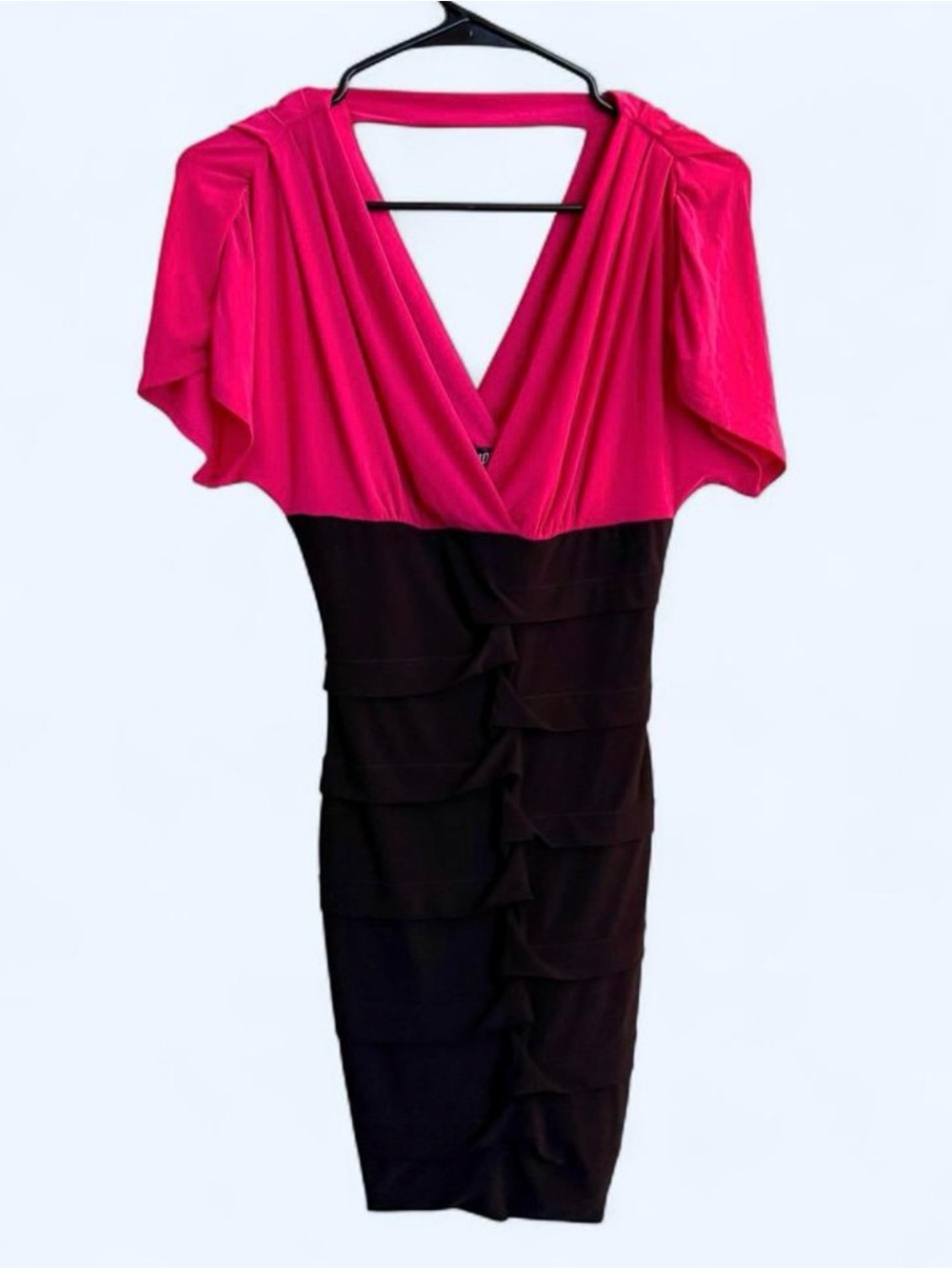 As U Wish - pink/black bodycon dress with ruffle detail and v-neckline